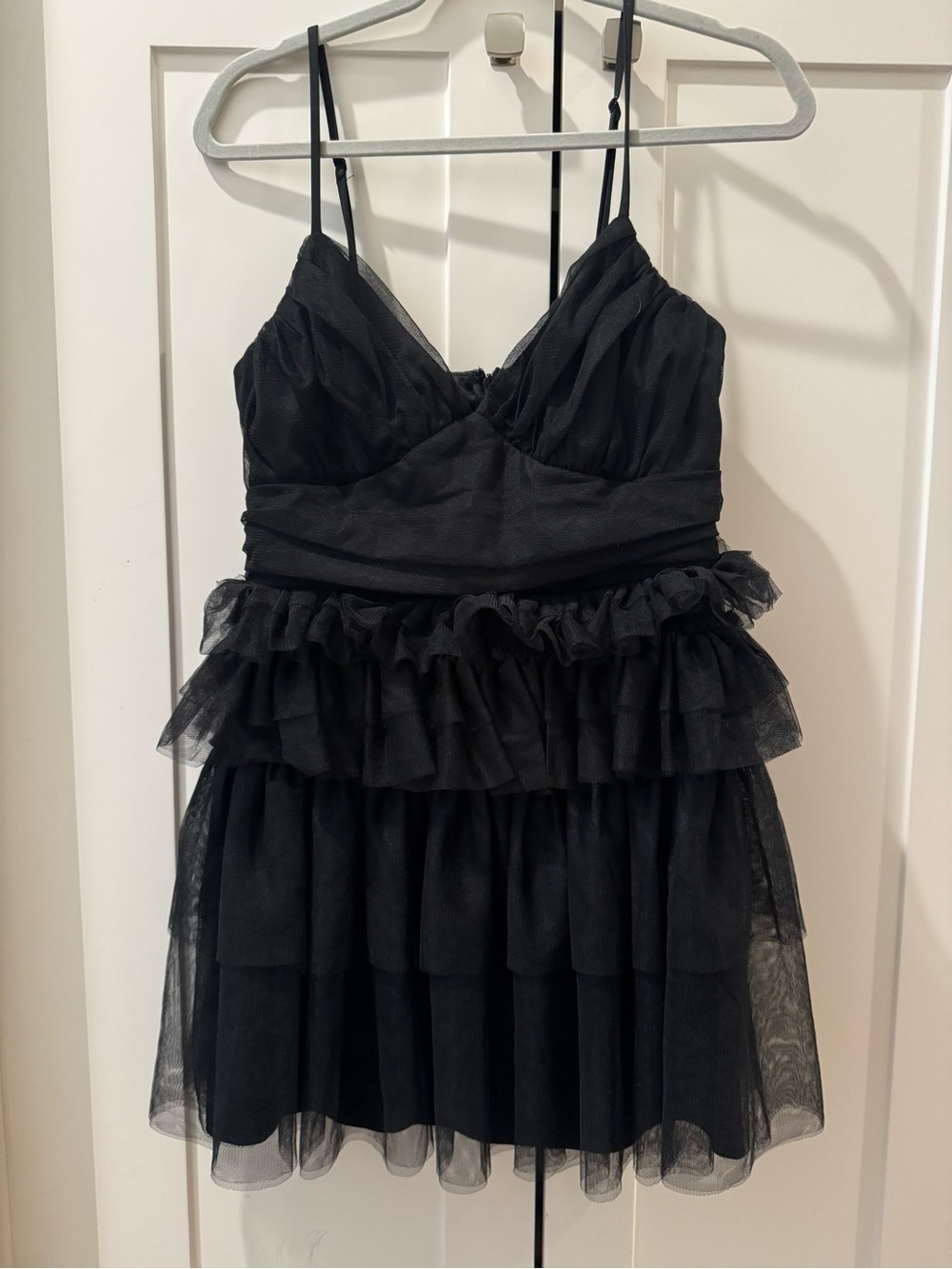 Lulu's Black Ruffled Tulle Slip Dress with Adjustable Straps